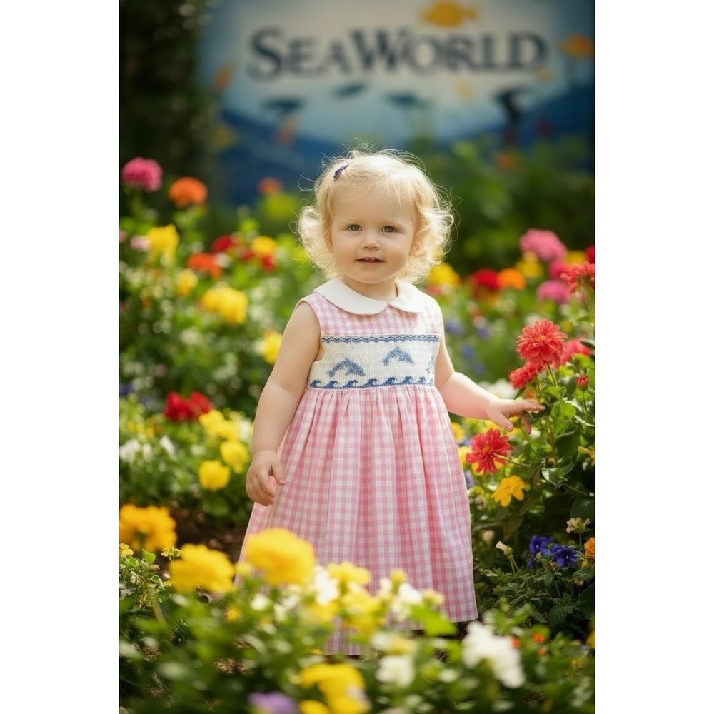 Dolphins Smocked Pink and White Gingham Dress Size 1 18 24 Months Sea World 18m